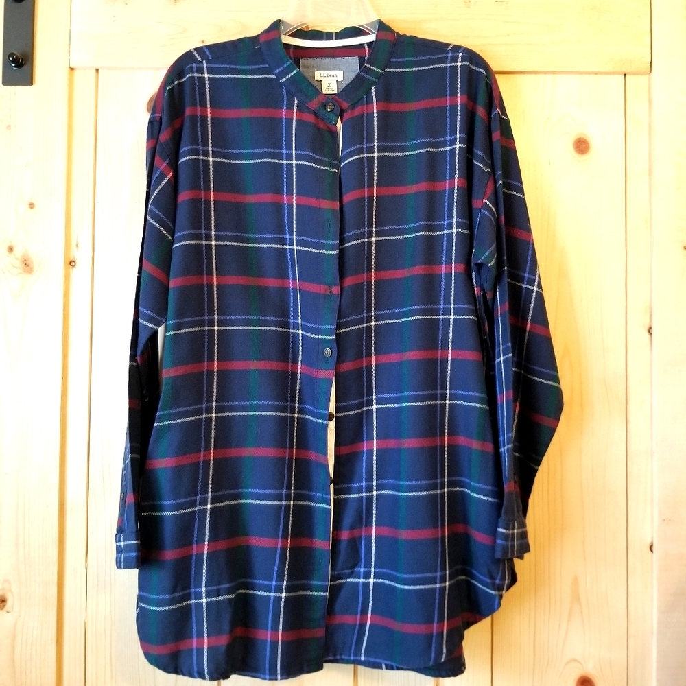 L.L. Bean Plaid Collarless Tunic Top